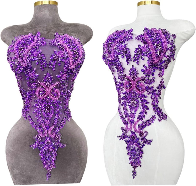 ArtistryXB Handmade Rhinestones Lace Bodice Applique Sew on Beads Sequins Trimming Patches for Dress Clothing Accessories 1Pcs/Bag (Purple) - Image 1